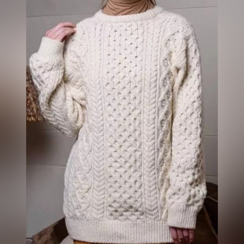 Aran Island Knitwear Ivory Cable Knit Merino Wool Crewneck Sweater Size Large